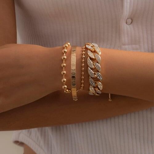 Lacteo 4 Pcs/Set Shiny Rhinestone Adjustable Chain Bangle Bracelet Jewelry For Women Multi Layer Balls Cuff Chain Charm Bracelet