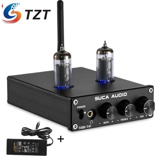 TZT TUBE-T4C 50Wx2 HiFi Bluetooth Tube Amplifier 6J4 Headphone Preamp w/ Power Supply Black /Silver Front Panel