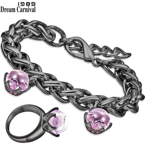 DreamCarnival1989 Black Pink Jewelry Set for Women Thick Weaving Charm Bracelet n Solitaire Ring Valentine Love Gift BR11498PKS2