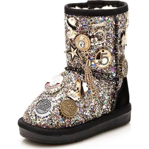 New Winter Girls Snow Boots Children Soft Boots Boy Brand Black Sequin Boots Kid Warm Silver Shoes Fashion Non-slip Ankle Boots