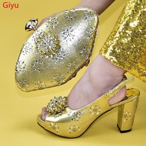 Doershow nice Shoes and Bag Set African Sets 2019 gold Color Italian Shoe Bag Set Decorated with Rhinestone High Quality!!HAB1-8