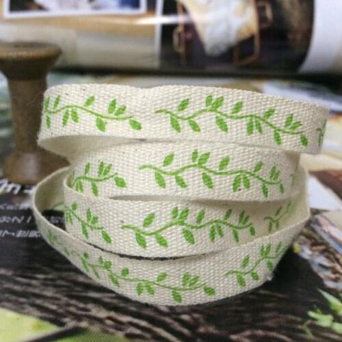 Ecru bold 100% cotton ribbon printing green leaves ZAKKA HANDMADE 3/8 "10 mmx50m/LOT