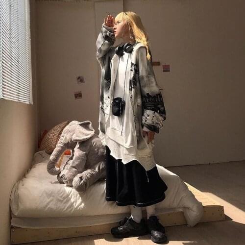 HOUZHOU Gothic Tie Dye White Oversize Graphic Women Hoodies Harajuku Kawaii Anime Print Fashion Sweatshirts Vintage Aesthetic