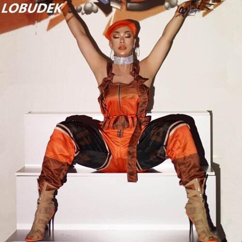 Male Female Hip Hop Dance Costume Military Uniform Jumpsuit Orange Stage Wear Bar Nightclub DJ Singer Dancer Performance Outfits