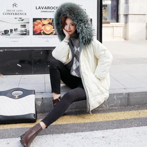 White duck jacket with raccoon fur collar, down jacket, winter coat, womens warm Park casaco