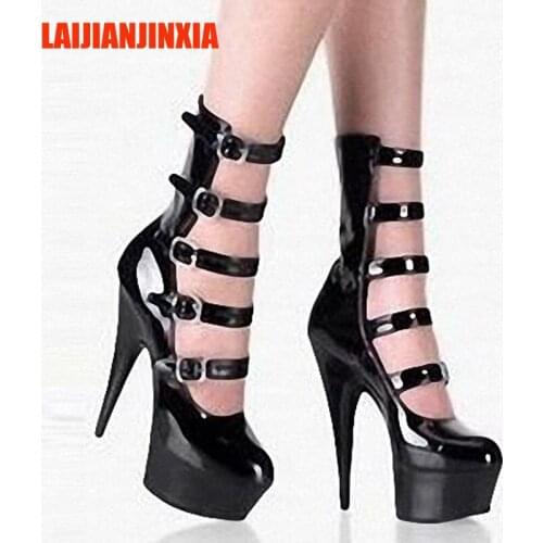 LAIJIANJINXIA New Buckle Women Sexy 15cm High Heels Pole Dance Boots Night Club Party Platform Ankle Boots Chelsea Boots