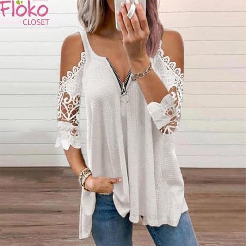 Flokocloset Summer Spaghetti Straps Hollow Out Lace Sleeve Knitted T-shirts Casual V-Neck Zipper Tops Tee