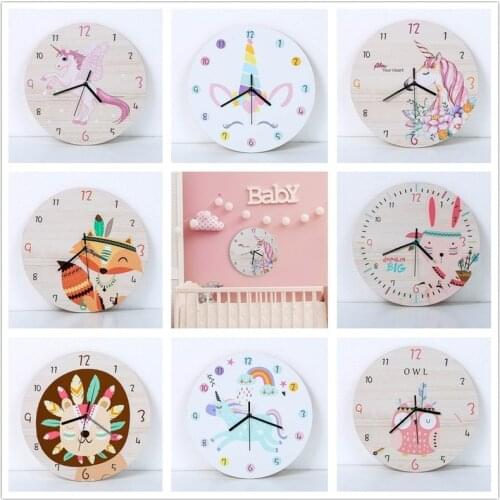 Cartoon Circular Unicorn Wall Clock Kids Wooden Silent Reloj de Pared for Baby Rooms Horloge Home Decor Living Room Decoration