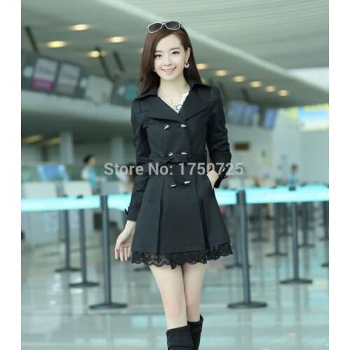 New Hot Sale fashion female spring slim trench coat womens lace lap style solid colour double breasted long coat size
