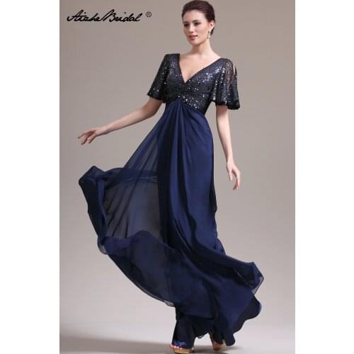 Formal Womens Dress Elegant Empire V Neck Navy Sequin Chiffon Mother of the Bride Dresses vestido mae da noiva