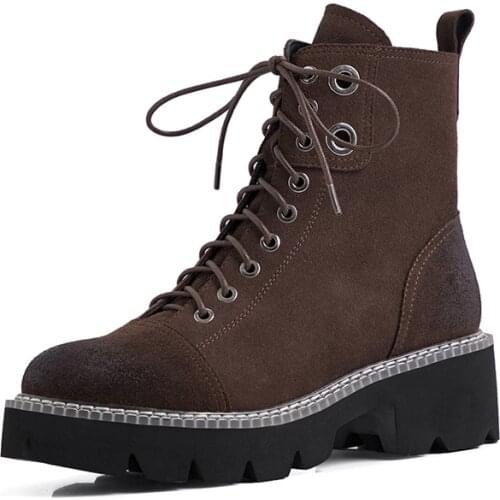 Original Autumn and Winter Women Boots New Genuine 100% Leather Martin Boots Retro British Student Boots Height Increasing