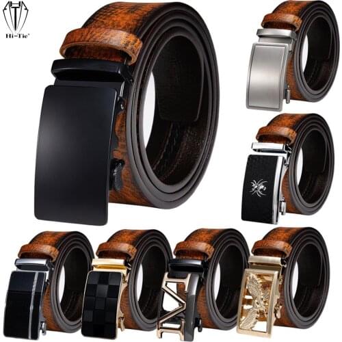 Hi-Tie 50 Kinds Tan Brown Genuine Leather Mens Belts for Man Alloy Automatic Buckles Ratchet Waistband Dress Jeans Straps Italy