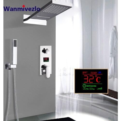 Luxurious Bathroom Shower Faucet Set Rainfall/Waterfall Rectangle Shower Head 3 Ways Digital Display Screen Valve Tap Shower Kit