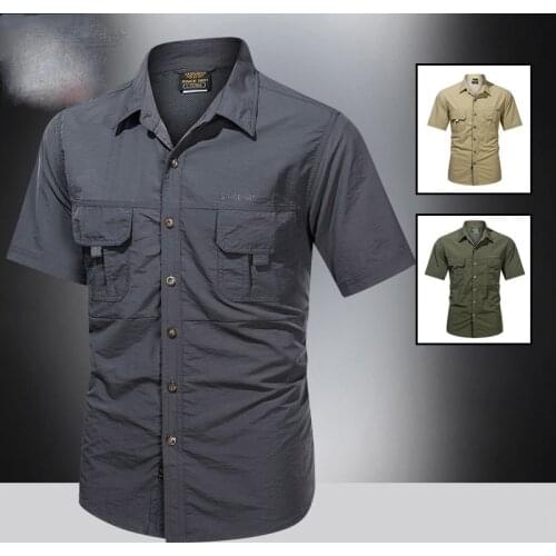 Summer Men Short Sleeve Army Shirts Quick Dry Turn Down Collar Tactical Shirt Outdoor Hiking Camping Fishing Clothing Plus Size