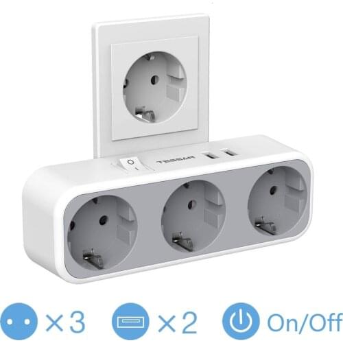 TESSAN USB Wall Socket with On/Off Switch 3 AC Outlets + 2 USB Charger EU Plug Power Adapter Power Strip