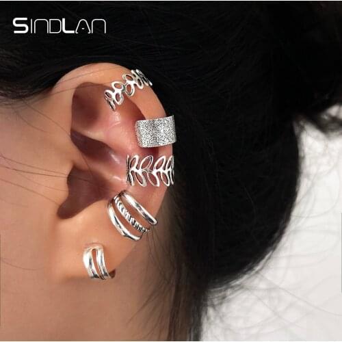 Sindlan 5Pcs Punk Silver Color Leaf Hoop Earrings for Women Vintage Clip Geometric Set Female 2021 Fashion New Jewelry Oorbellen