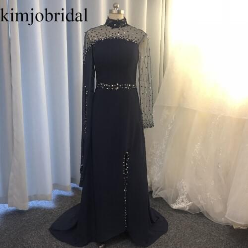 SuperKimJo Navy Blue Beaded Evening Dresses 2020 High Neck Chiffon Elegant Real Photo Evening Gown Formal Dress Abendkleider