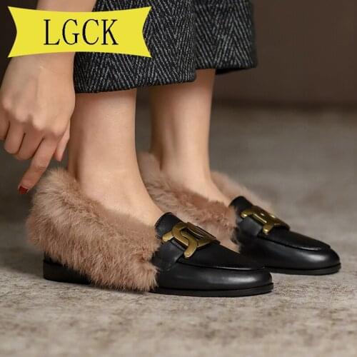 Plus Size 34-40 Inside Hairy Loafers Womens Autumn Winter Wear New Muller Shoes Net Red Lazy Shoes Rabbit Fur Baotou Low-heeled