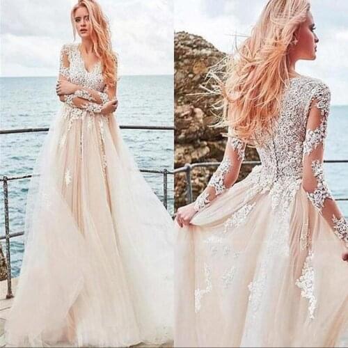Vintage Lace Long Sleeve Bridal Wedding Dresses Summer Beach Boho Tulle V Neck Appliques Buttons Back Bridal Gowns