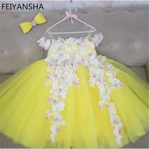 Yellow Princess Flowers Petal girl wedding dress girls Tulle Fuffy party Formal dress Princess Tutu Dress vestidos