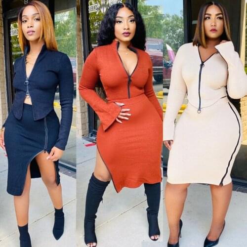 Women Clothing New Autumn and Winter Pure Color Elegant Suit Sexy Deep V-neck Pull-up and Slit Long-sleeved Dress Suit S-4XL