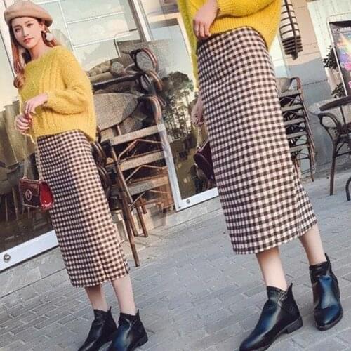 JuneLove Women Autumn Plaid Midi Skirts Vintage Sexy Split Female Straight Skirts Casual Street Lady High Waist Bodycon Skirts