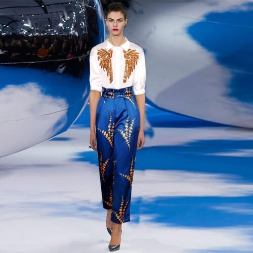 Womens sequins LANTERN SLEEVES white Shirts+ straight ninth pants 2pieces set Brand new 2019 summer womens Shirt suit A435