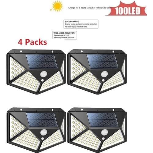 1-4pcs 100LED Solar Light Power Solar Motion Sensor Outdoor Light Solar Powered Wireless Waterproof Exterior Security Wall Light