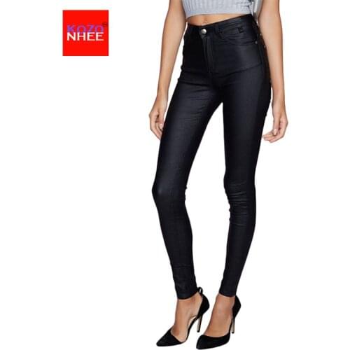 Fashion Tights Stretch Black PU Leather Pants High Waist Female Elasticity Womens Pencil Pants Classic PU Leather Skinny Plus S