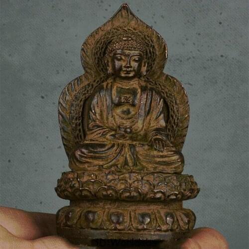 3.8" Old Tibet Buddhism Bronze Sakyamuni Tathagata Buddha Lotus Backlight Statue Statues for Decoration Collection Ornaments