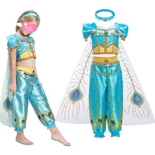 Aladdins Magic Lamp Cosplay Dress for Girl Princess Jasmine Childrens Kids Clothes Performance Party Girl Dress Costume BX1639