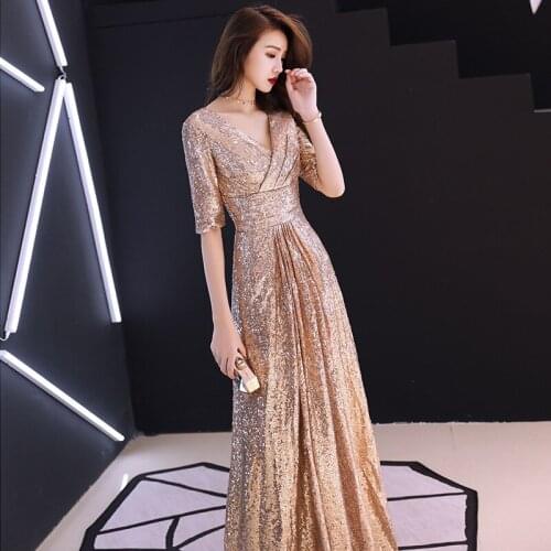 Banquet Golden Evening Dress Female 2020 New High-end Atmospheric Annual Meeting Host Was Thin Dress Skirt Long Sleeves