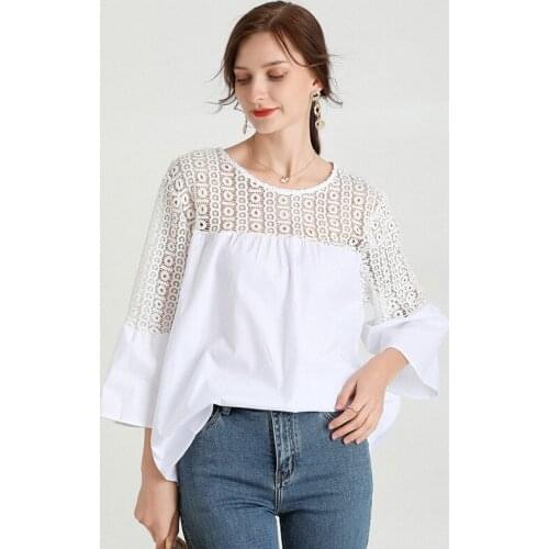2021Summer Loose Casual Blouse Flare sleeves Hollow Out Crochet Lace Patchwork Cotton Cute Sexy Flare Tops Fashion Elegant Shirt