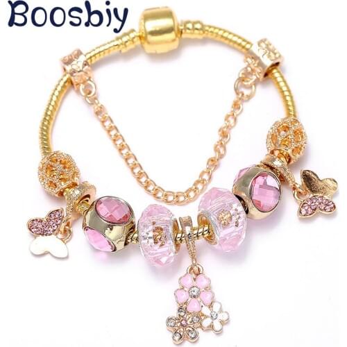 Boosbiy Authentic Gold Color Flower & Butterfly Pendant Charm Bracelets for Women Fashion Brand Bracelet Best Jewelry Gift