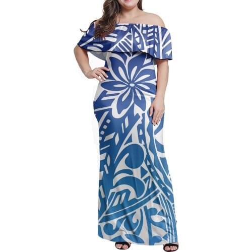 Hycool Blue Flowers Leaf Polynesian Tribal Print Dresses Trendy Plus Size Clothing Woman Casual Sexy Off Shoulder Dresses Woman