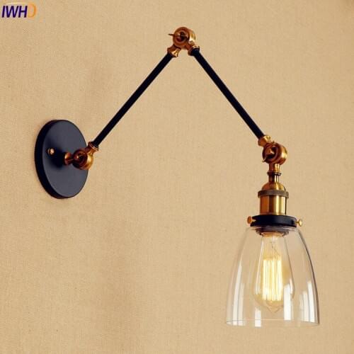IWHD Adjustable Swing Long Arm Wall Lamp Glass Shade Loft Industrial Vintage Wall Light Fixtures Edison Sconce Stair Lighting