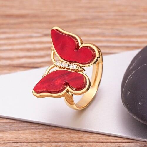 New Popular Womens Glass Crystal Butterfly Golden Cocktail Ring Opening Adjustable Size Jewelry Party Wedding Birthday Gift