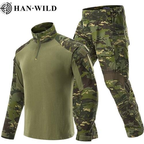 HAN WILD Hunting Suit Camouflage Tactical Uniform G3 Army Combat Sets Airsoft Paintball Multicam Cargo Pant T-shirts with 4 Pads