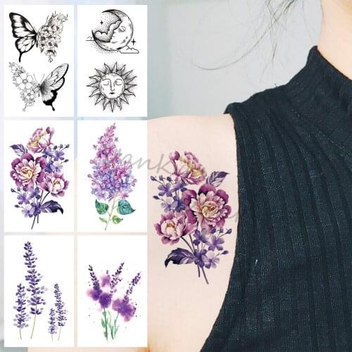 Colorful Dahlia Temporary Tattoos For Girls Kids Butterfly Moon Sun Watercolor Lavender Fake Tattoo Sticker Body Arm Tatoos DIY
