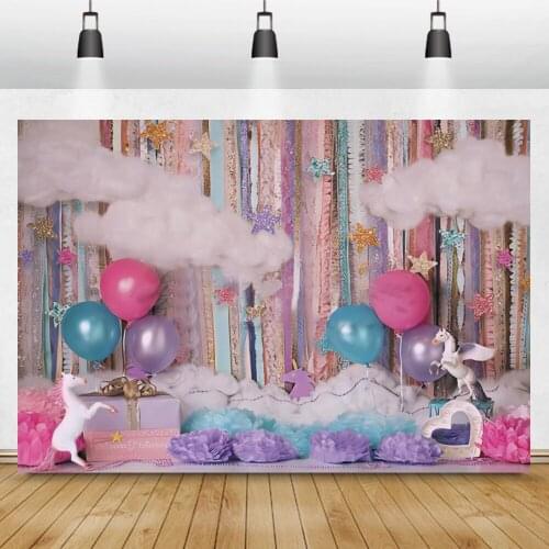Laeacco Pink Blue Balloon Colorful Star Unicorn Gift Newborn Baby Birthday Party Backdrop Photography Backgrounds Photo Studio