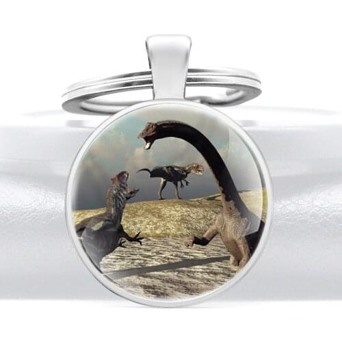 Cute Dinosaur Design Glass Cabochon Metal Pendant Key Chain Charm Men Women Key Ring Jewelry Gifts Child Keychains