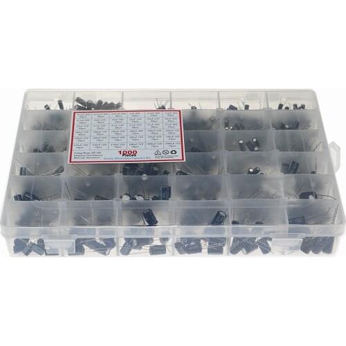 1000pcs 36 Values 0.1uF 50V-1000uF 16V Capacitors 4.7UF 10UF 22UF 33UF 47UF Electrolytic Capacitor Assortment Box Kit