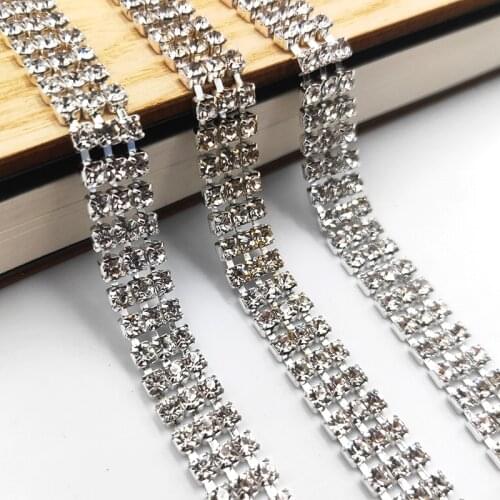 New Three-row Clear White Rhinestones Chain Silver Base Glass Crystal Cup Chain, Sew On For Diy Garment Bags Decorations
