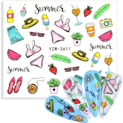 NEW Designs Summer Fruit Drink Water Decals Watermelon Bikini Glasses Hat Letter Designs Nail Stickers Wraps Slider Decoration