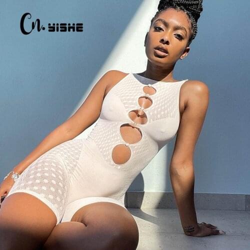 CNYISHE Sexy Biker Shorts Playsuit Woman Overalls Tight Print Mesh See Through One Piece Rompers Women Jumpsuits Baddie Clothes