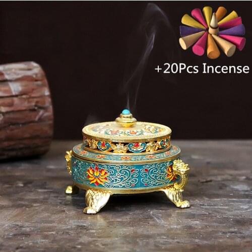 Incense Burner Incense Stick Holder Metal Tibetan Style Painted Enamel Zinc Alloy Coil Incense Crafts Home Office Decoration