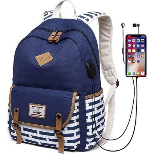 Casual Canvas Stripe Laptop Backpack for Girls School Bag College Shoulder Bag with USB Charging Port Fashion Travel Daypack