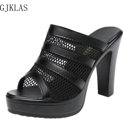 Mesh Pumps Women Shoes High Heel Platform Sandals Chunky Heels Size 43 Slippers Women Summer White Black Shoes Fashion Sandals