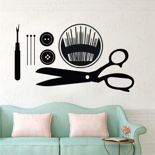 Sewing Wall Art Decals Seamstress Gift Wall Sticker Buttons Pins Sewing Tools Wall Mural Removable Sewing Shop Wall Decor WL989