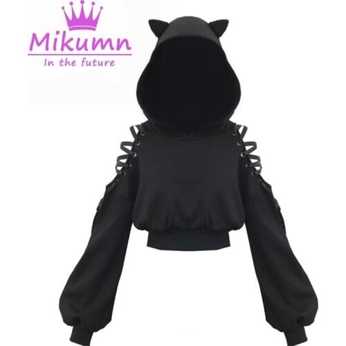 Harajuku Sweatshirt Women Punk Gothic Black Short Hoodie Spring Summer Long Sleeve Lace up Cute Cat Ear Hoodies Femme Pullover